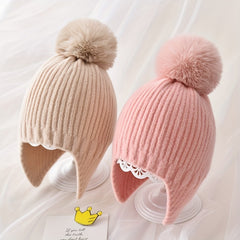 Children's Knitted Hat with Ear Protection and Fur Ball