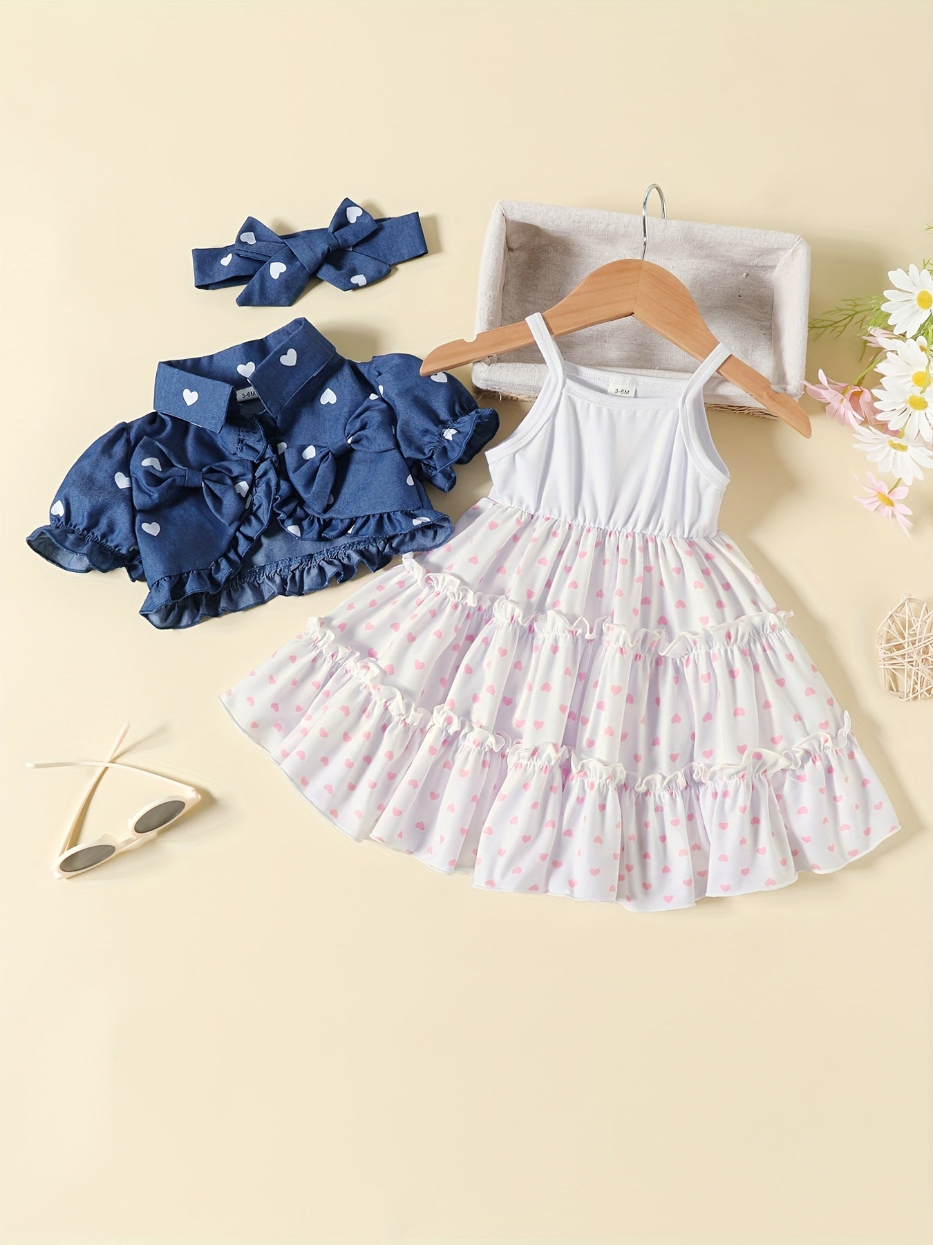 3pcs Girls Polka Dot Top & Dress Set with Headband