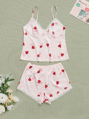 Heart Print Pajama Set V Neck Cami Top & Lace Trim Shorts Women's Sleepwear