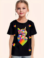 Rainbow Kitty & Heart Graphic Short Sleeve T shirt Girls Summer Clothes