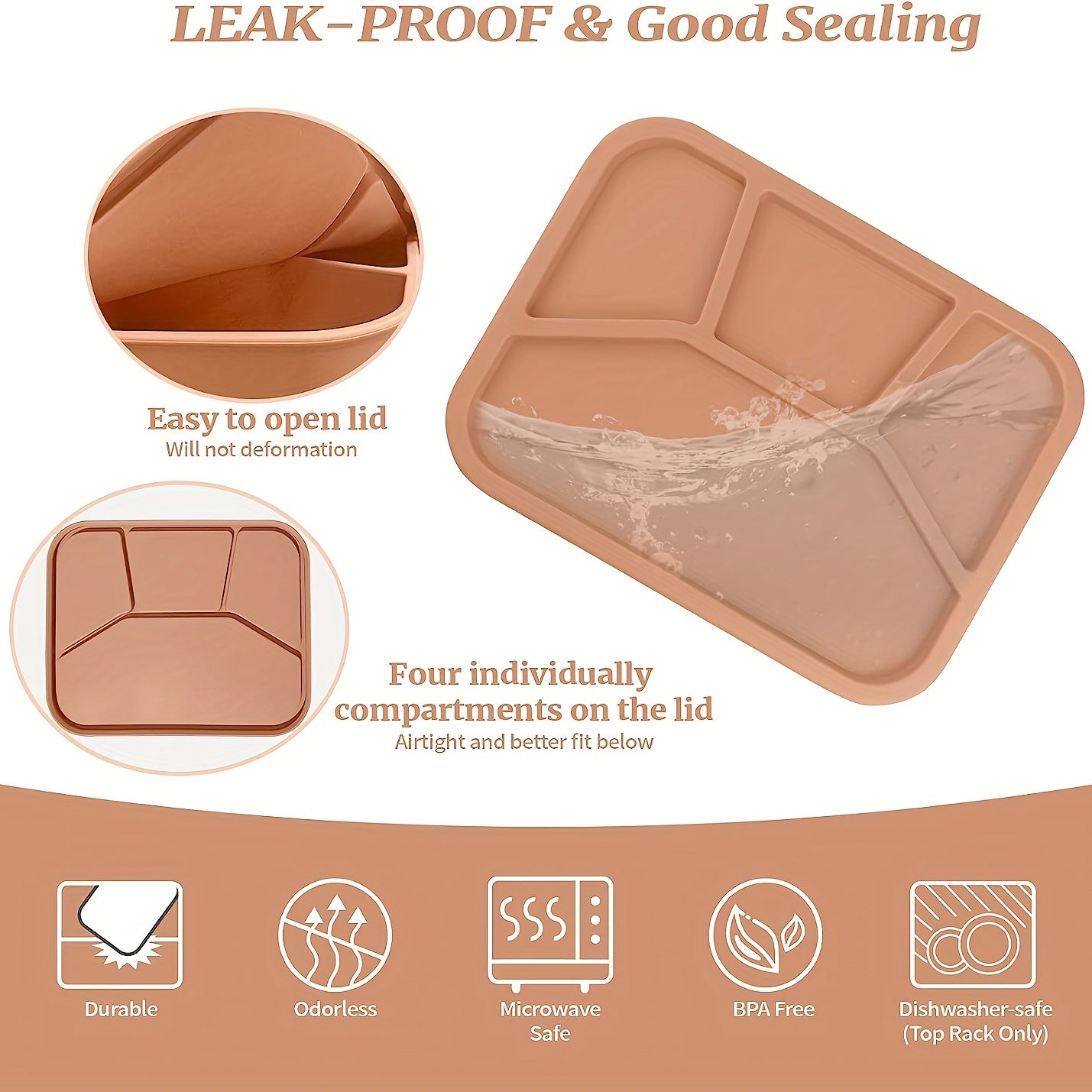 Silicone Lunch Box w/ 4 Compartments Microwaveable Leakproof Bento Box