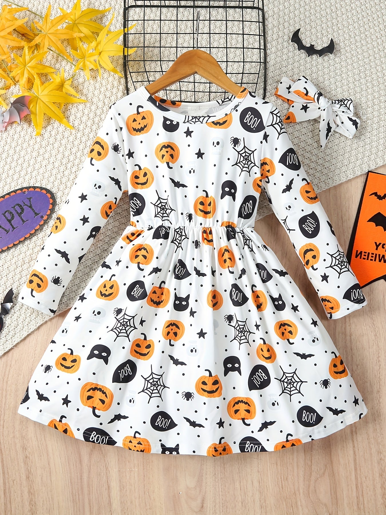 Girls Comfy & Ghost Graphic Long Sleeve Dress Halloween Outfit