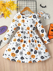 Girls Comfy & Ghost Graphic Long Sleeve Dress Halloween Outfit