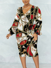 Baroque Print Surplice Neck Tie Midi Dress