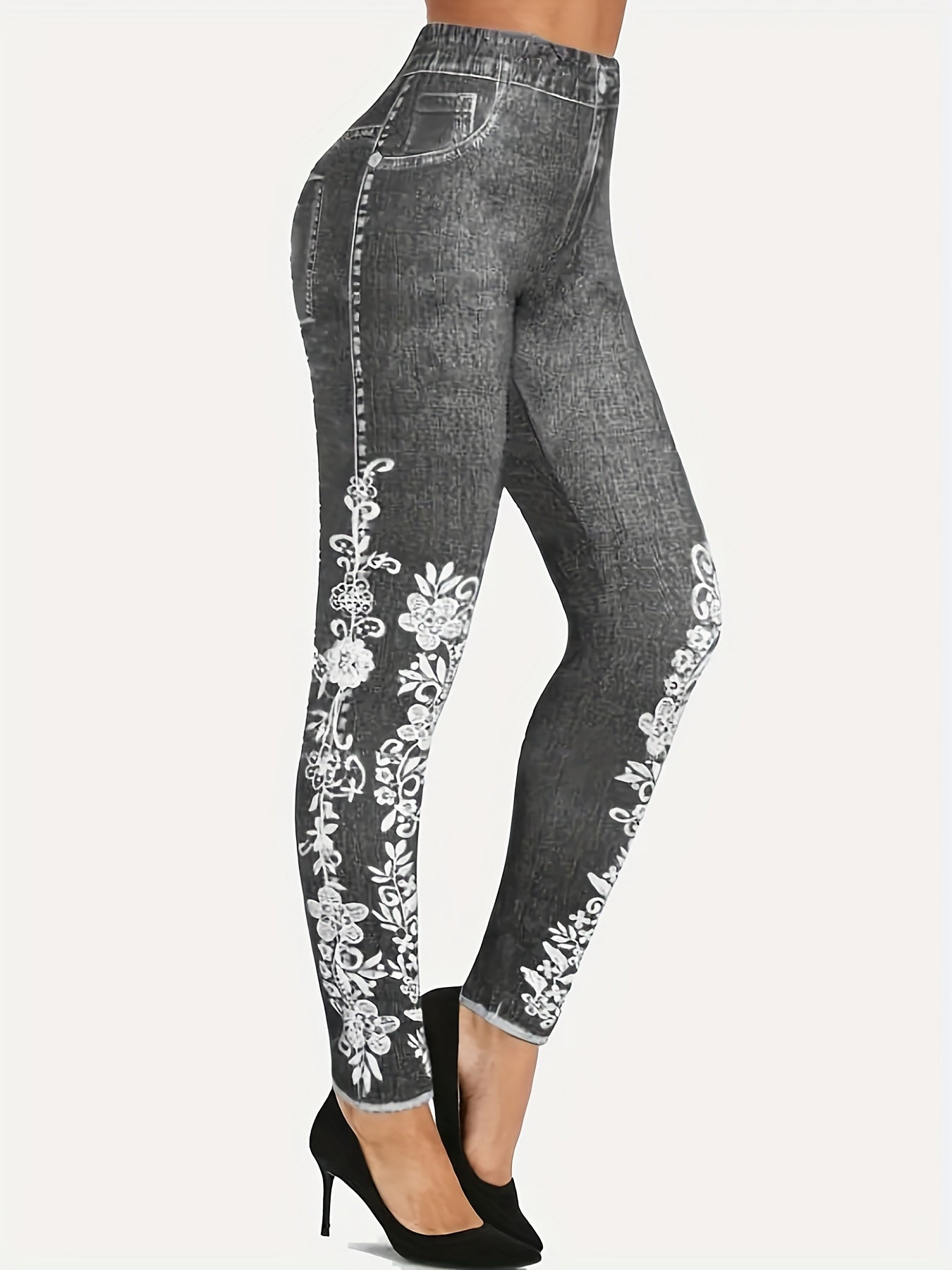 Floral Denim Print Leggings High Waist Workout Leggings