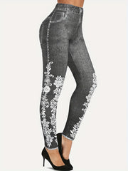 Floral Denim Print Leggings High Waist Workout Leggings
