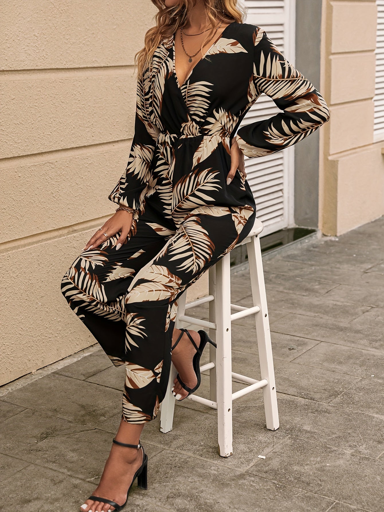 Tropical Print Surplice Neck Jumpsuit Long Sleeve Wide Leg Jumpsuit