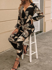 Tropical Print Surplice Neck Jumpsuit Long Sleeve Wide Leg Jumpsuit