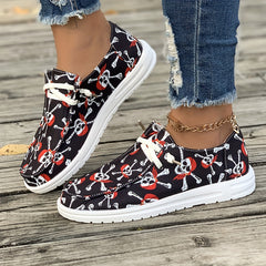 Women's Skull Pattern Lace-up Canvas Shoes Low Sporty Flats Lightweight