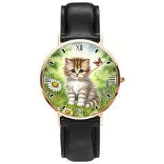 Unisex Kitten on Grass Analog Watch Minimalist Rose Golden Stainless Steel Band