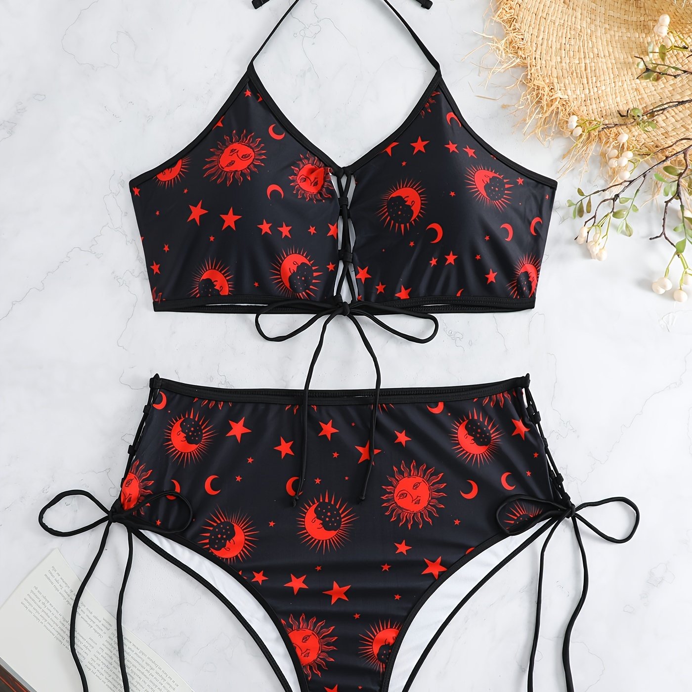 Gothic Bikini Set Sun & Moon Print Lace Up Halter Bra & Panty Swimsuit