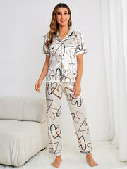 Heart Print Pajama Set Short Sleeve Buttons Top & Elastic Waistband Pants