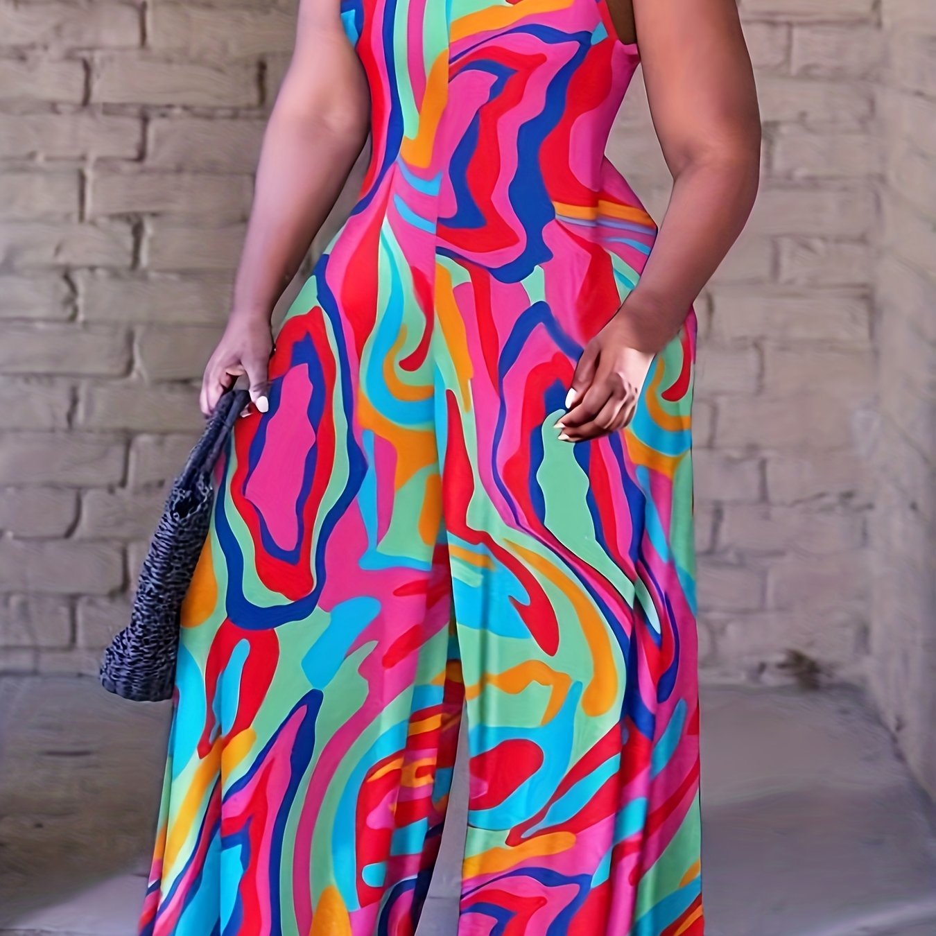 Casual Jumpsuit Women's Plus Random Print Wide Leg Cami Jumpsuit