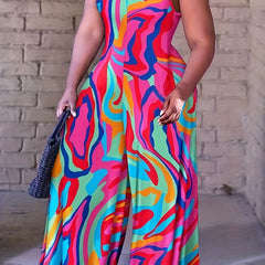 Casual Jumpsuit Women's Plus Random Print Wide Leg Cami Jumpsuit