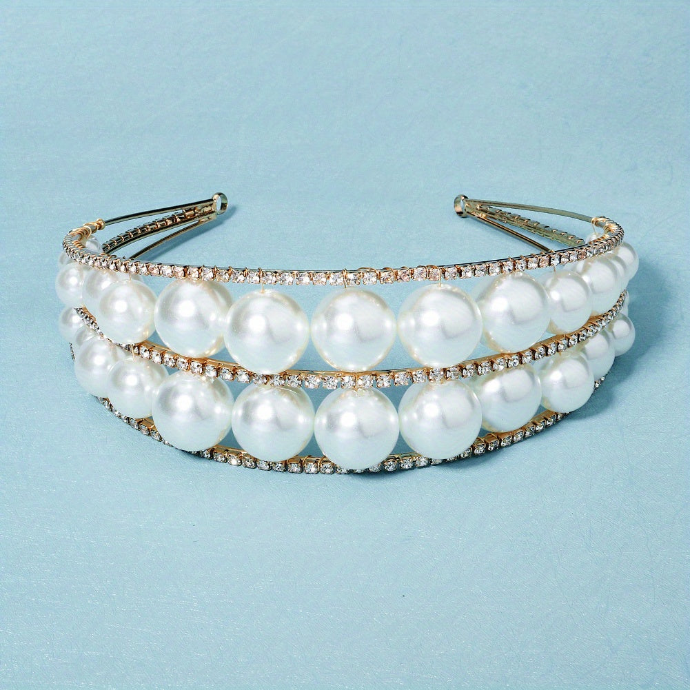 Wide Brim Headband Rhinestone Bride Crown Set 2 Tiers Pearl Hair Band