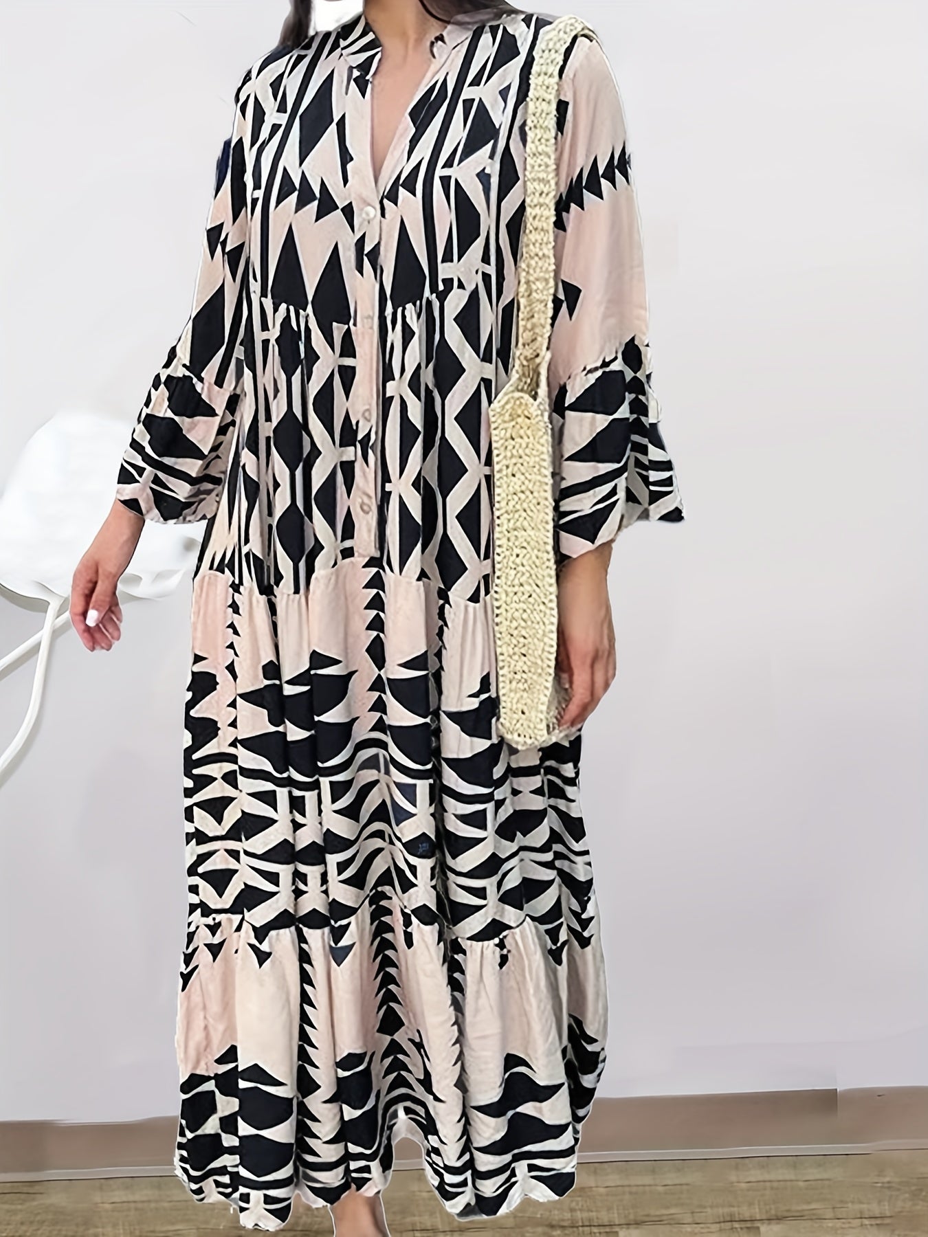 Geometric Print Button Up Maxi Dress