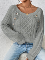 Textured Button Casual Sweater Long Sleeve Crew Neck Knit Jumper