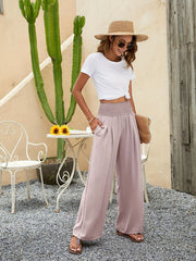 Smocked Waist Wide Leg Pants Solid Casual Every Pants Women's Clothing