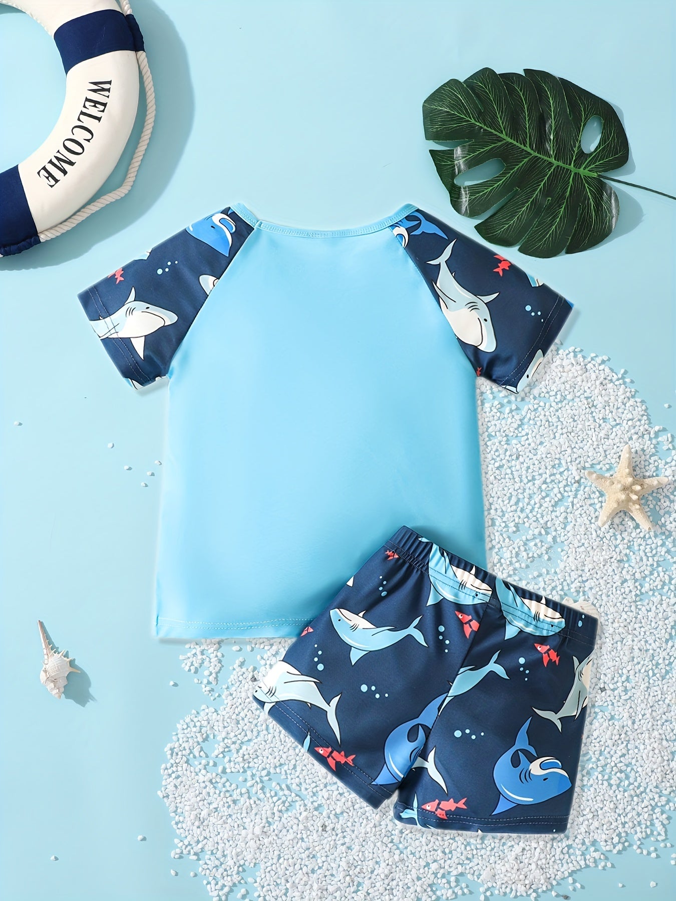 Boys Shark Print Swimsuit Set Short Sleeve Shirt & Swim Trunks