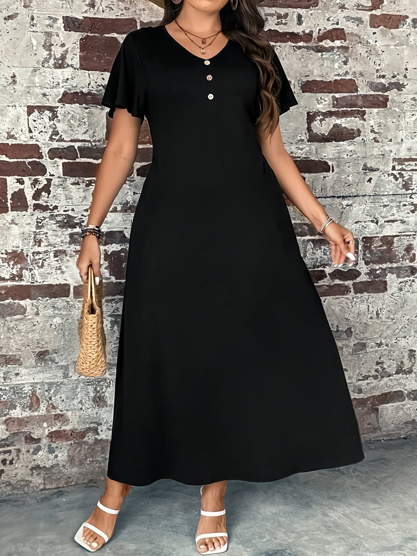 V-Neck Maxi Dress with Button Detail