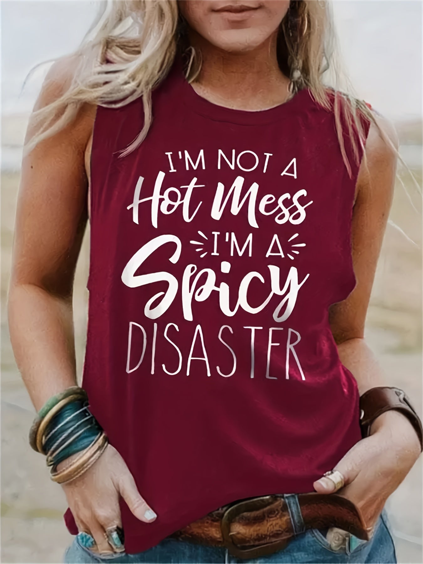 Hot Mess Letter Print Tank Top Summer Sleeveless Crew Neck Women's Clothing