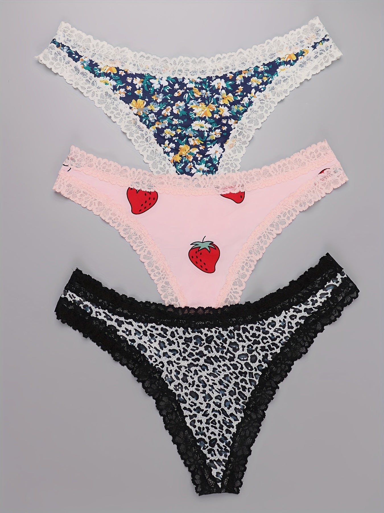 3 Pack Plus Size Lace Trim Thongs Leopard & Strawberry & Floral Print