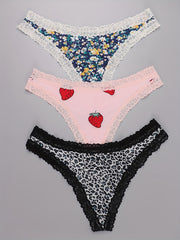 3 Pack Plus Size Lace Trim Thongs Leopard & Strawberry & Floral Print