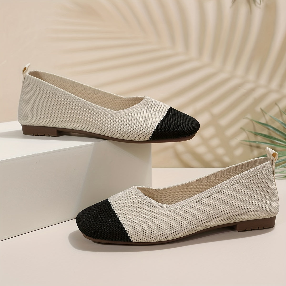 Women's Colorblock Knit Ballet Flats Square Toe Slip On Shoes