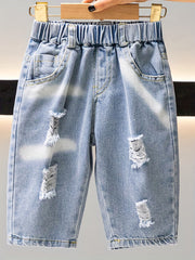 Boys Ripped Denim Jeans Cropped Pants Bottoms Casual Spring Summer Kids