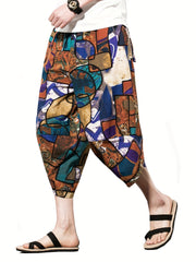 Retro Elephant Pattern Men's Cropped Beach Pants