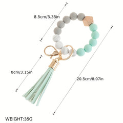 Silicone Keychain Tassel Wooden Beads Wrist Keyrings Bracelet