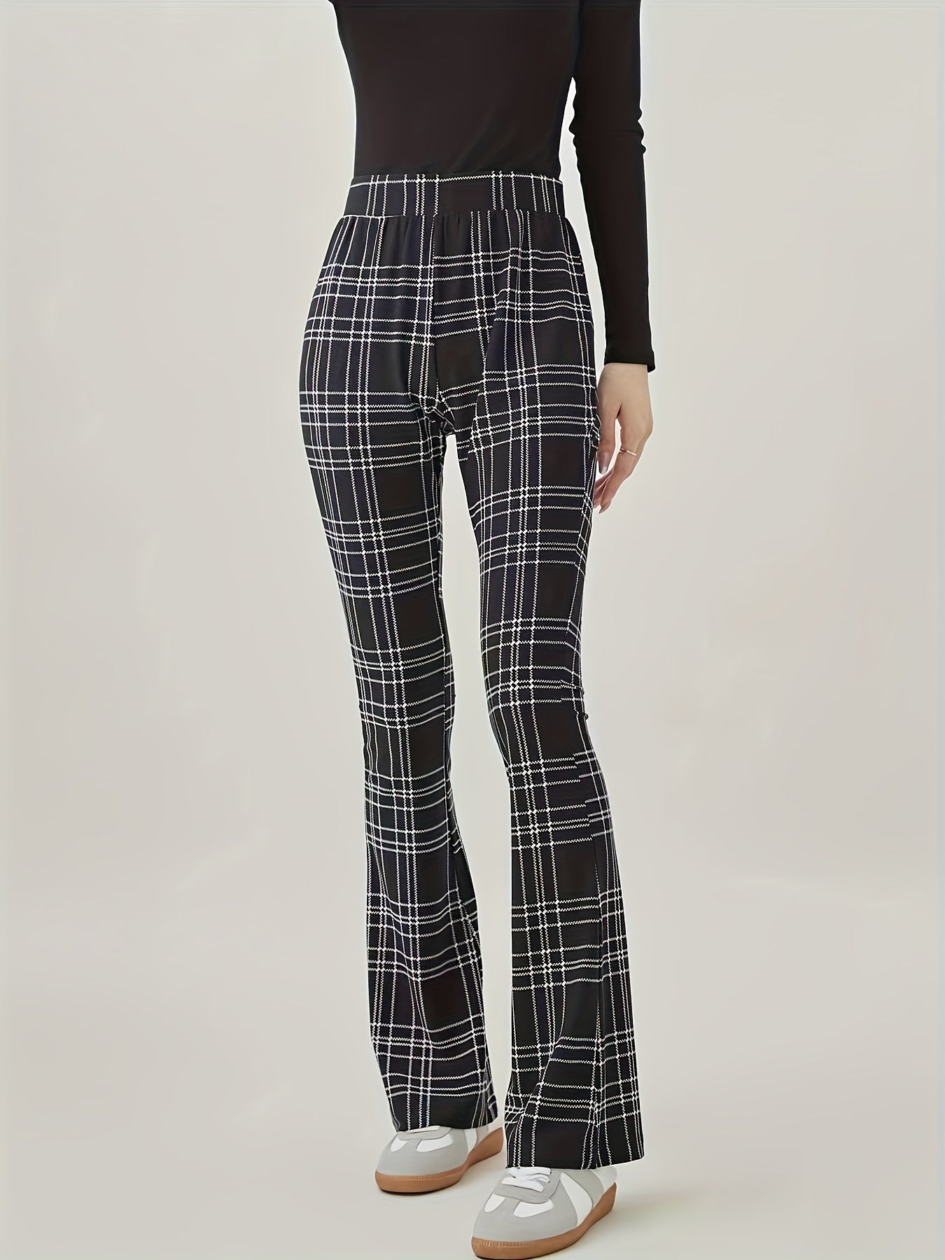 Plaid Print High Rise Fitness Flared Leg Trousers
