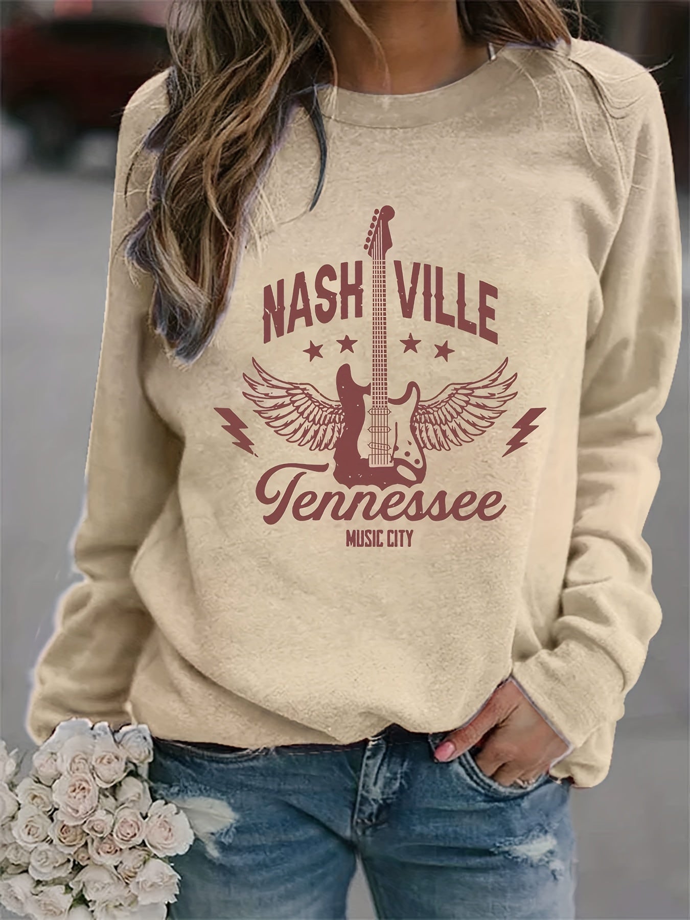 Nashville Print Sweatshirt Long Sleeve Crew Neck Casual Women's Clothing