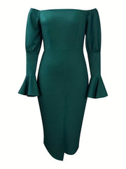 Plus Size Dress Off Shoulder Bell Sleeve Bodycon Midi Dress