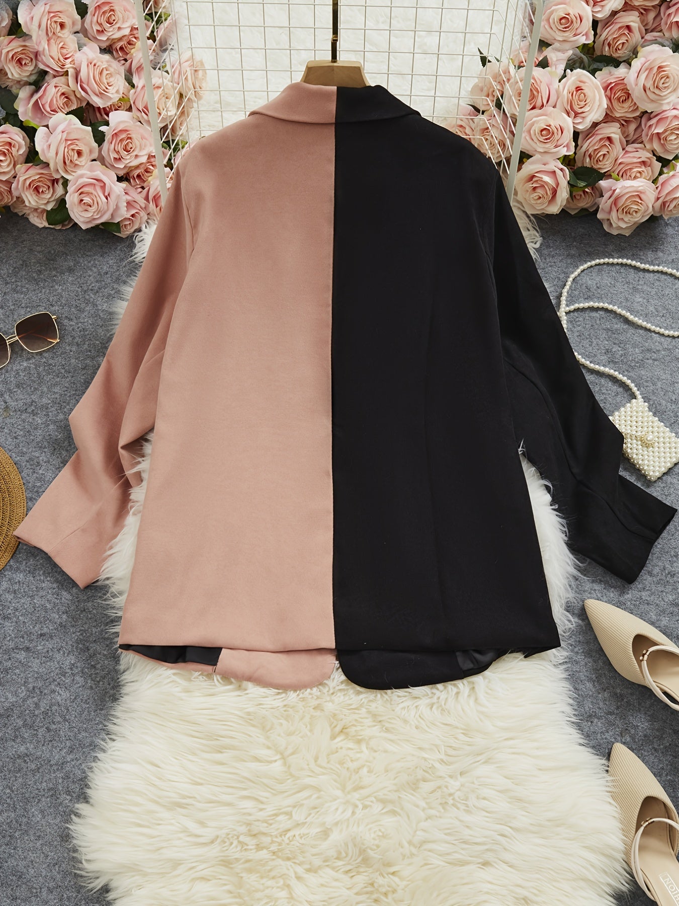 Colorblock Lapel Collar Button Front Blazer Plus Size
