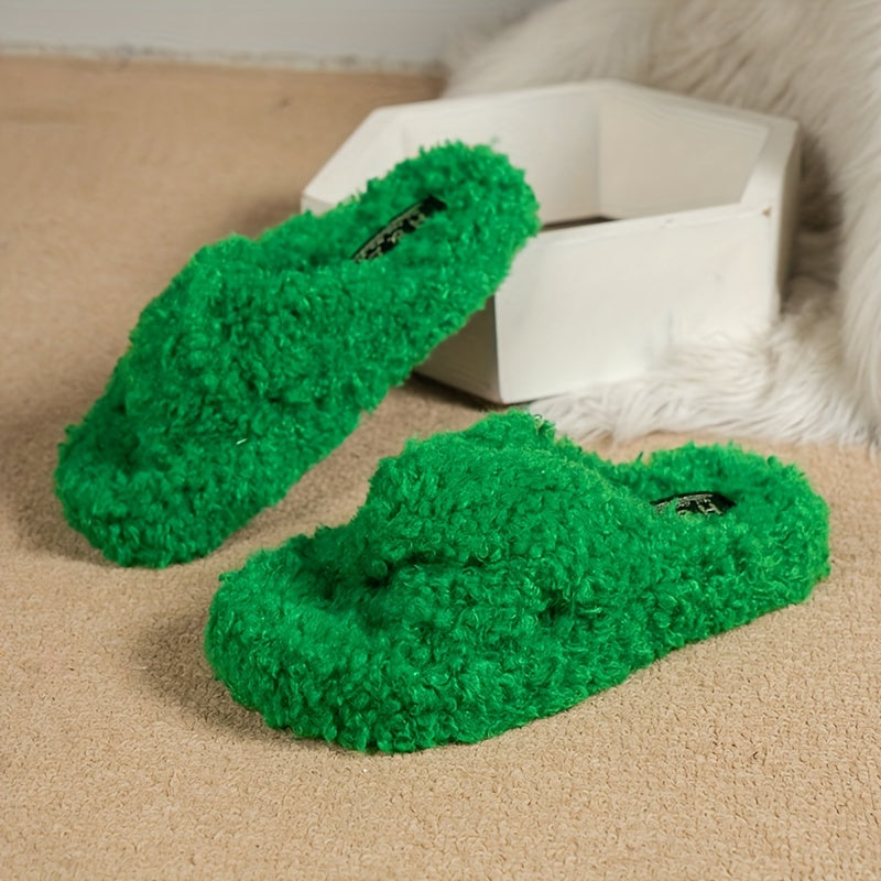 Faux Fur Platform Slip-On Shoes Cross Strap Slippers