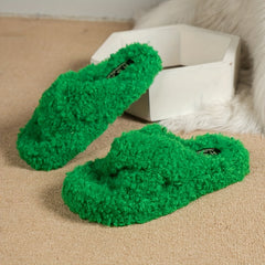 Faux Fur Platform Slip-On Shoes Cross Strap Slippers