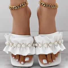 Women's Pearl Ruched Sandals Square Toe Non slip Slides Shoes Summer