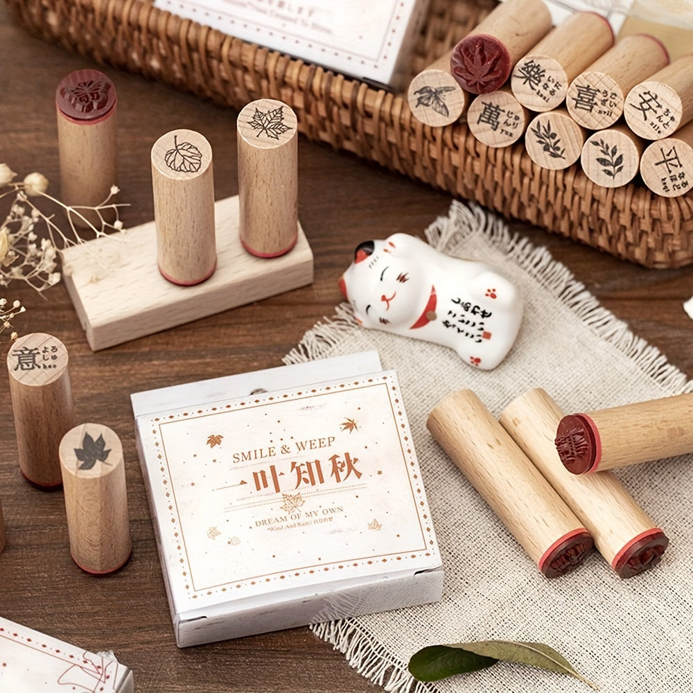 4pcs Wooden Rubber Stamps Plant Flowers Leaf Butterflies Pattern Seal DIY