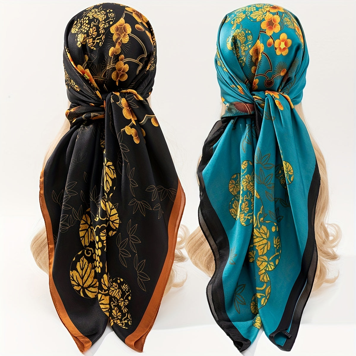 Golden Plum Blossom Print Bandana Vintage Shawl Satin Large Square Scarf