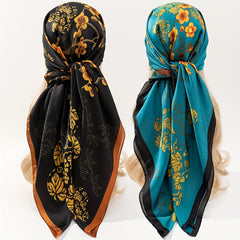 Golden Plum Blossom Print Bandana Vintage Shawl Satin Large Square Scarf