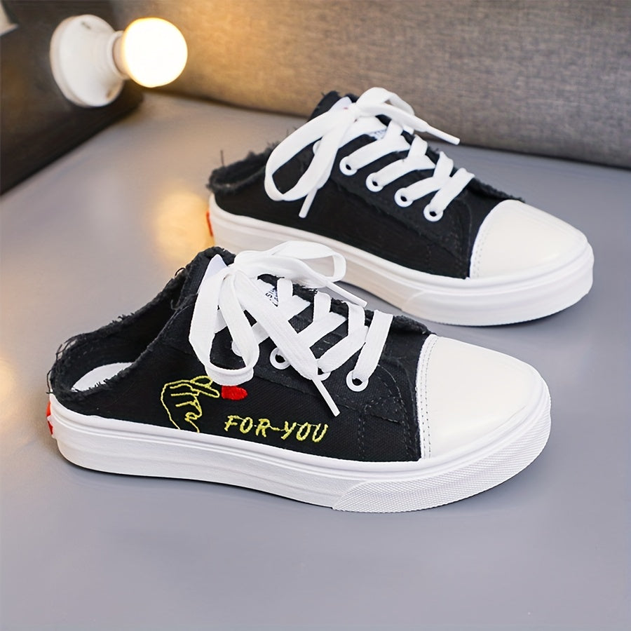 Women's Cartoon Canvas Shoes Casual Lace Up Mule Sneakers
