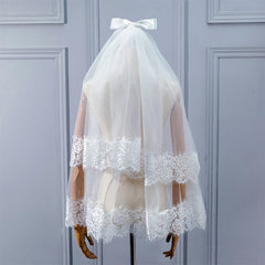 Puffy Headdress Lace Bridal Veil with Comb Satin Bowknot Veil