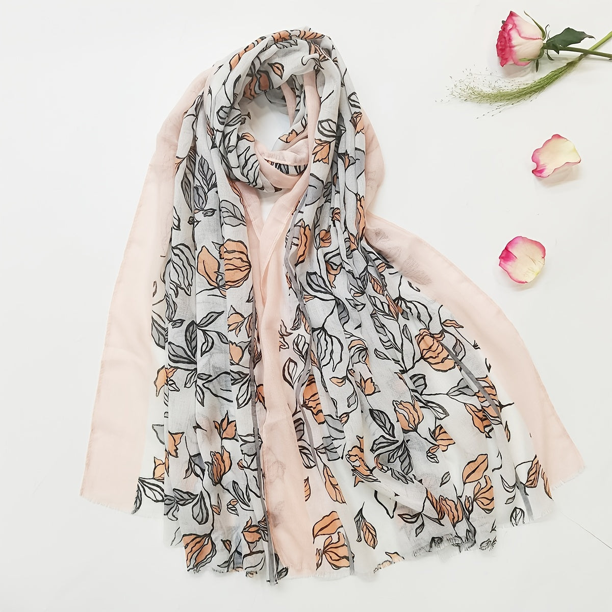Pink Floral Print Scarf Raw Edge Casual Shawl Warm Wrap Women Accessories