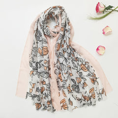 Pink Floral Print Scarf Raw Edge Casual Shawl Warm Wrap Women Accessories