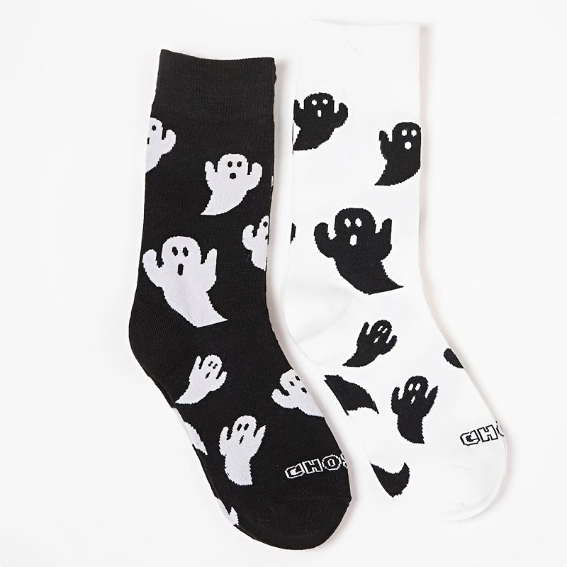 2 Pairs Cartoon Ghost Print Socks Cute Halloween Mid Tube Women's Stockings