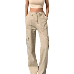 High Rise Solid Cargo Pants Expanded Pockets Loose Baggy Fit