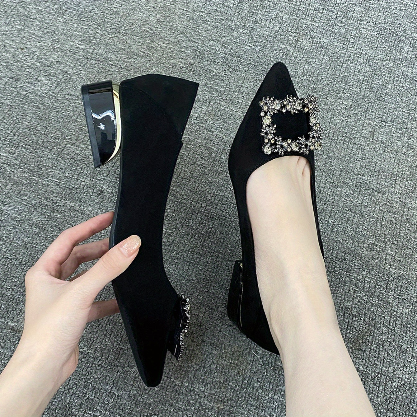 Women's Rhinestone Pointed Toe Low Heel Slip On Shoes