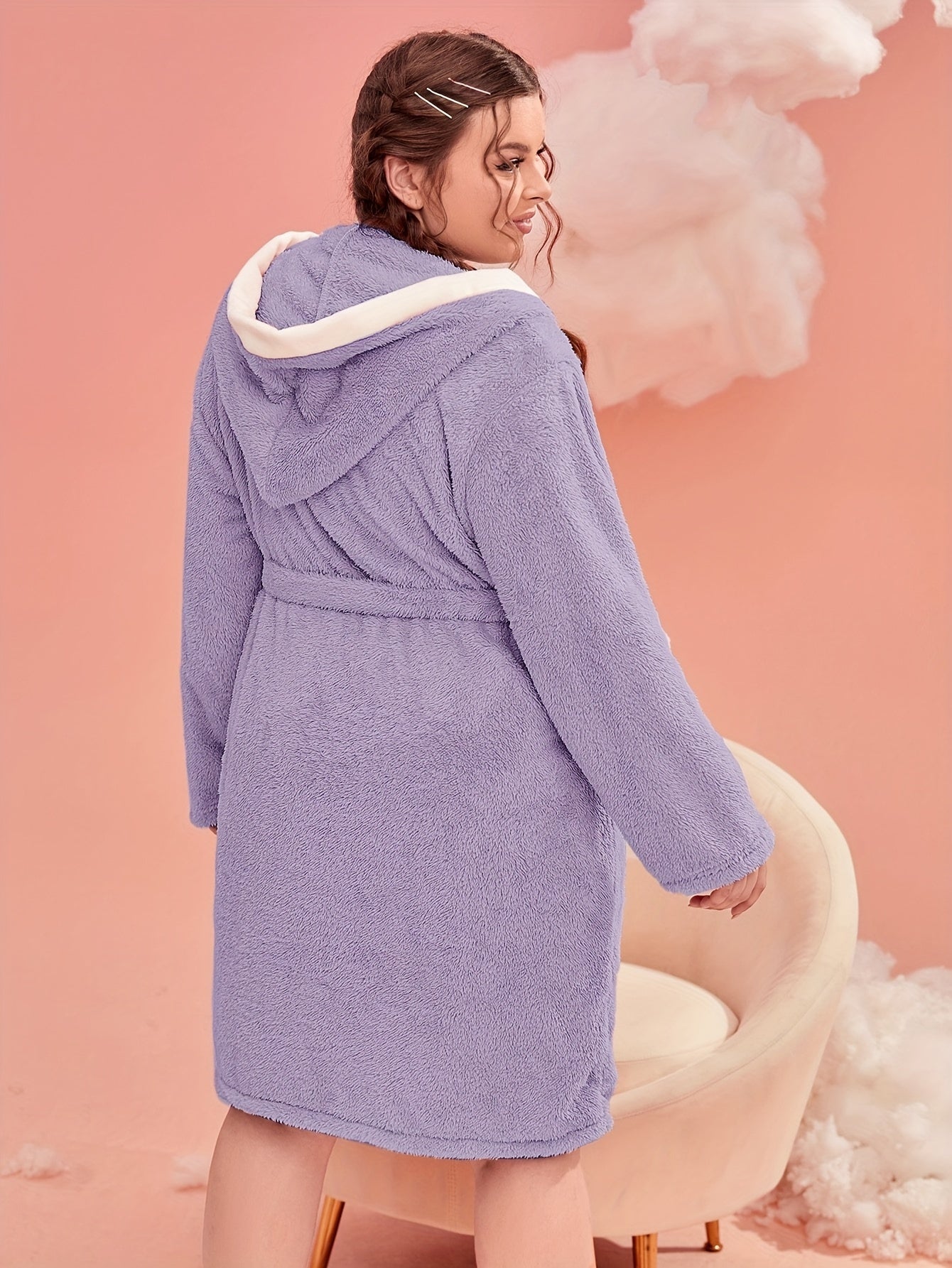 Women's Plus Flannel Long Sleeve Fleece Hooded Bathrobe