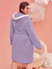 Women's Plus Flannel Long Sleeve Fleece Hooded Bathrobe